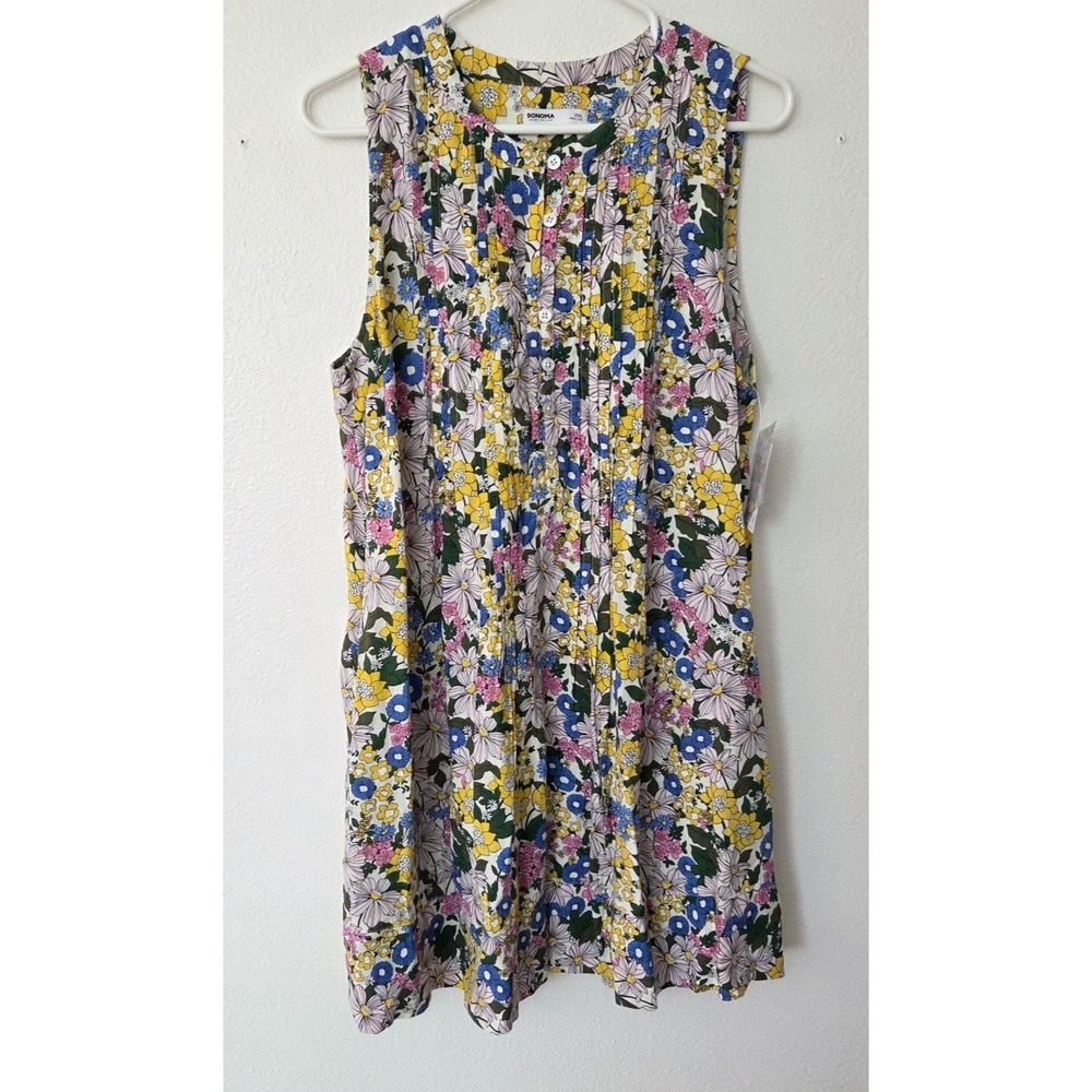 Sonoma Coastal Linen Shift Dress Floral Cottagecore Pintuck Pockets NEW PXL - Picture 2 of 16